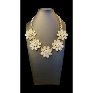 Gold Toned Crystal Flower Statement Necklace Missing Rhinestones -205